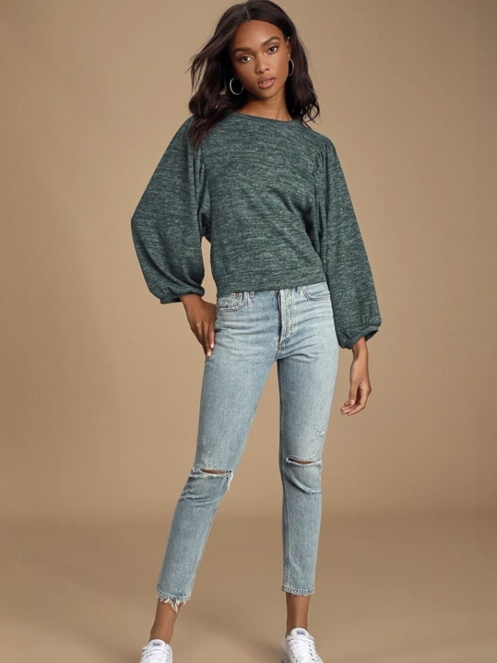 Lulus Cozy Mornings Heather Green Puff Sleeve Top​ NWT